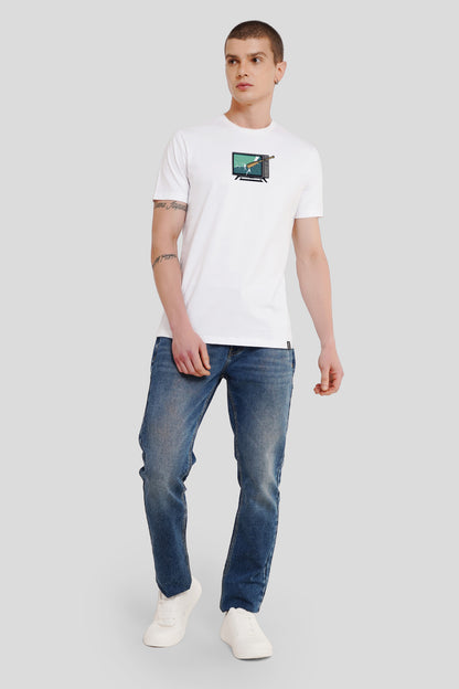 Tv White Printed T Shirt Men Regular Fit With Front Design Pic 4