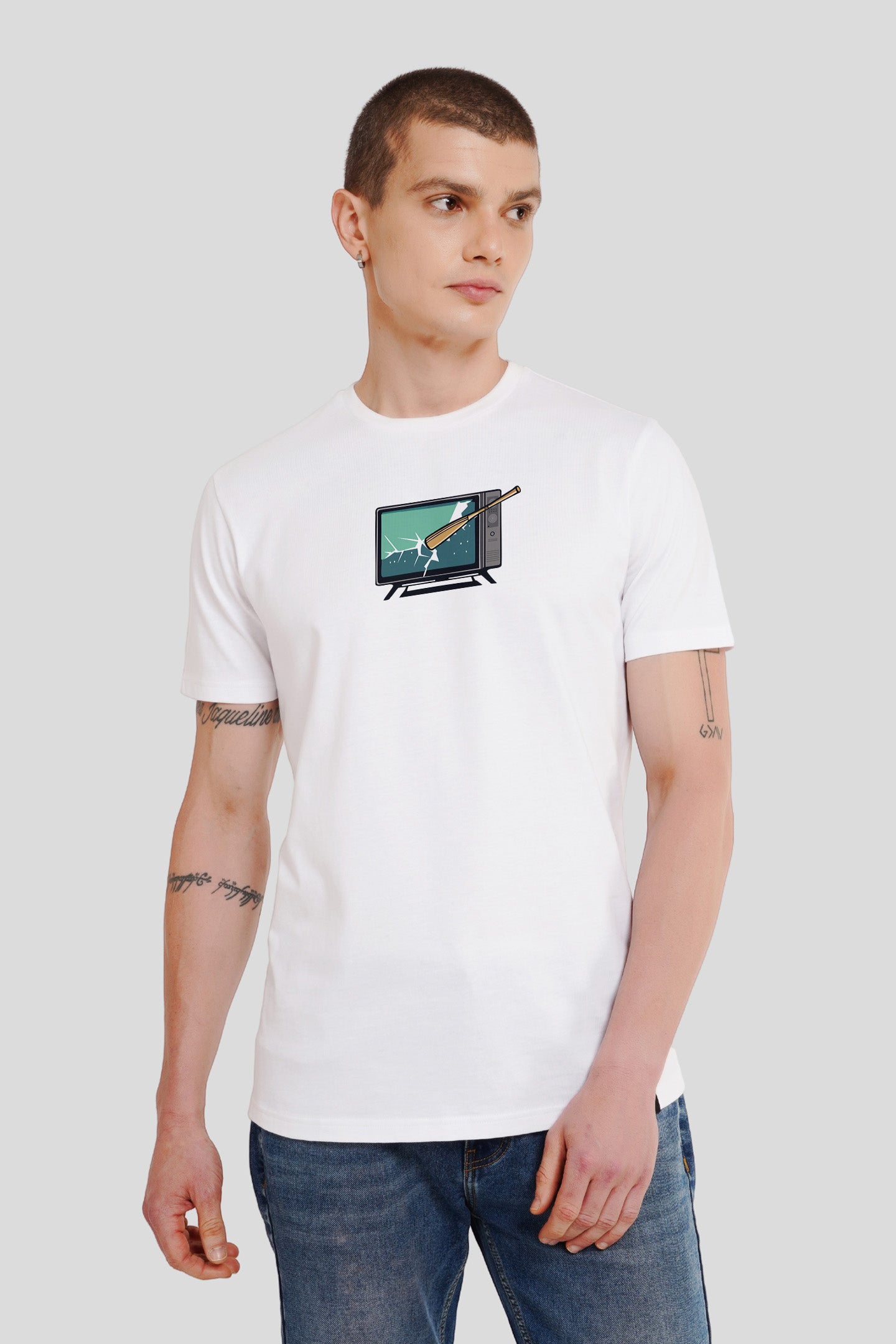 Tv White Printed T Shirt Men Regular Fit With Front Design Pic 1