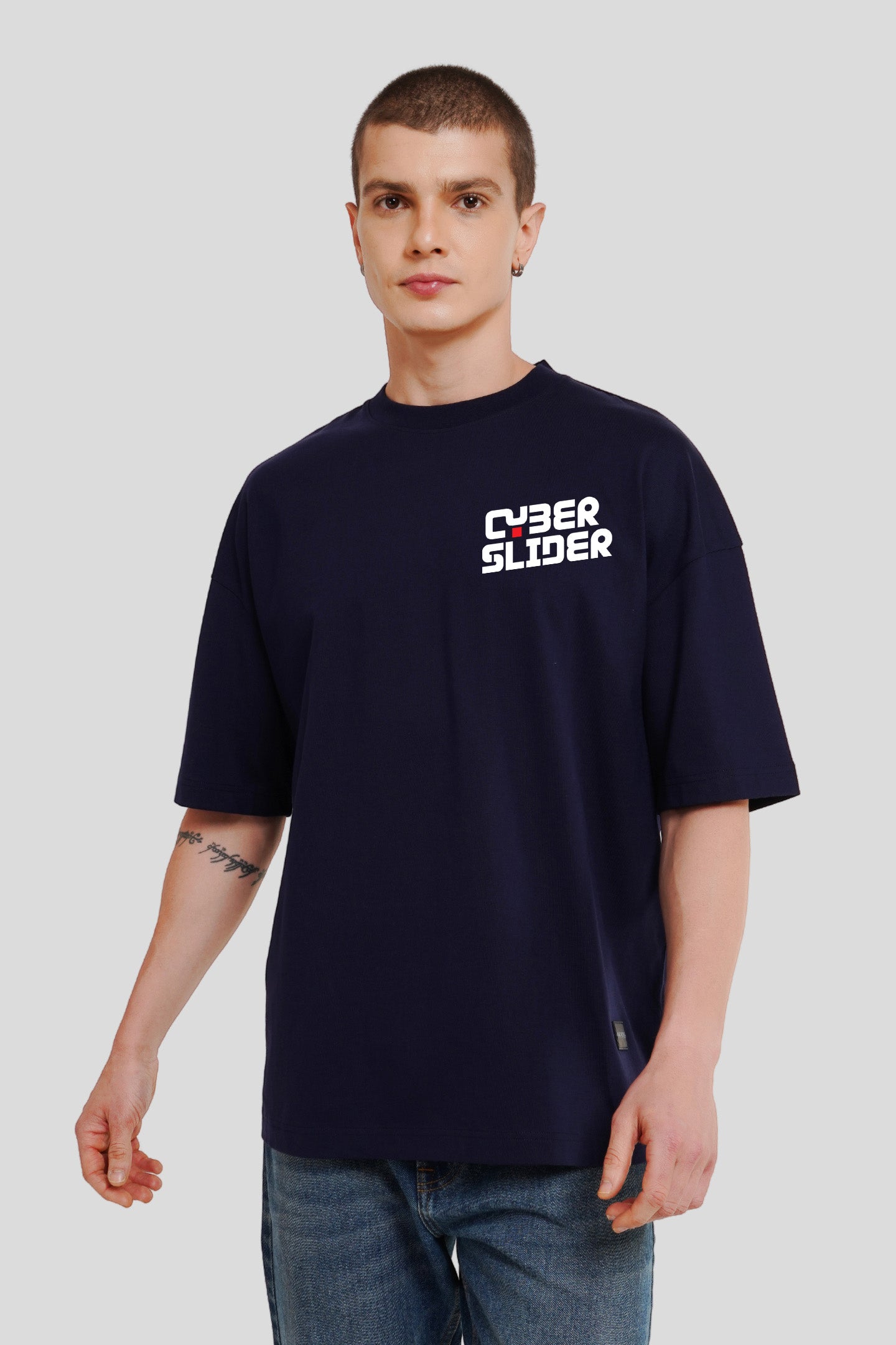 Cyber Slider Navy Blue Printed T Shirt Men Baggy Fit With Front And Back Design Pic 1