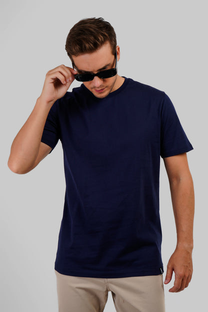 Solid Navy Blue Half Sleeves T-Shirt For Men Regular Fit