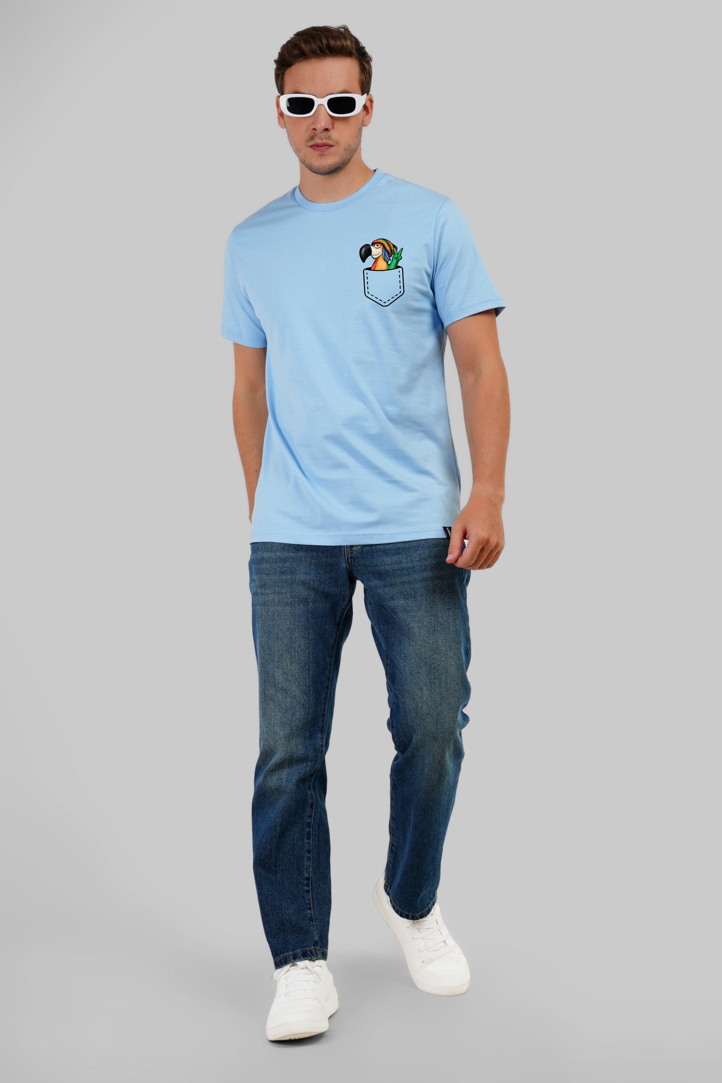 Parrot Pocket Graphic Light Blue Regular Fit T-Shirt Men