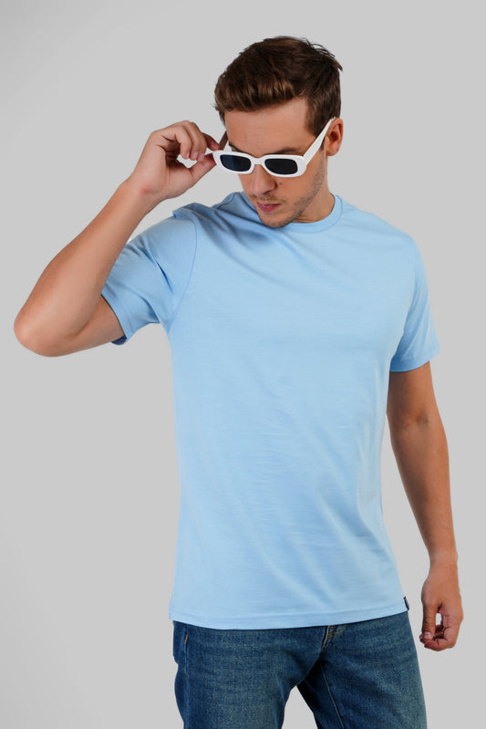 Solid Powder Blue Half Sleeves T-Shirt For Men Regular Fit