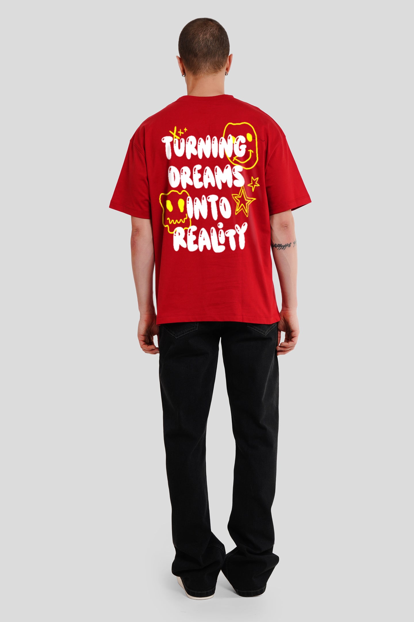 Turning Dreams Into Reality Red Printed T Shirt Men Oversized Fit With Front And Back Design Pic 2