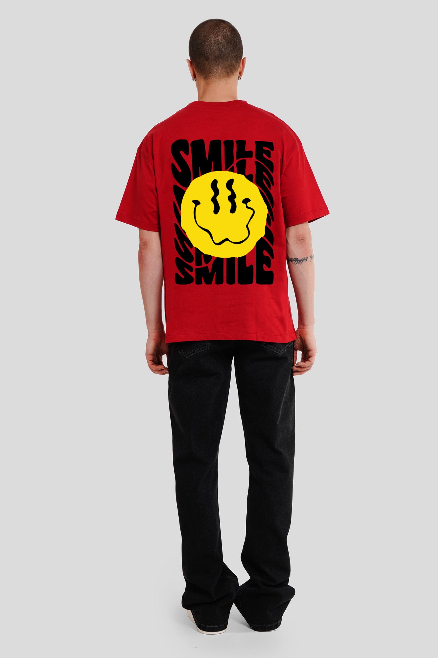 Smile Red Printed T Shirt Men Oversized Fit With Back Design Pic 1