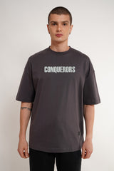 More Than Conquerors Dark Grey Printed T Shirt Men Baggy Fit With Front And Back Design Pic 1