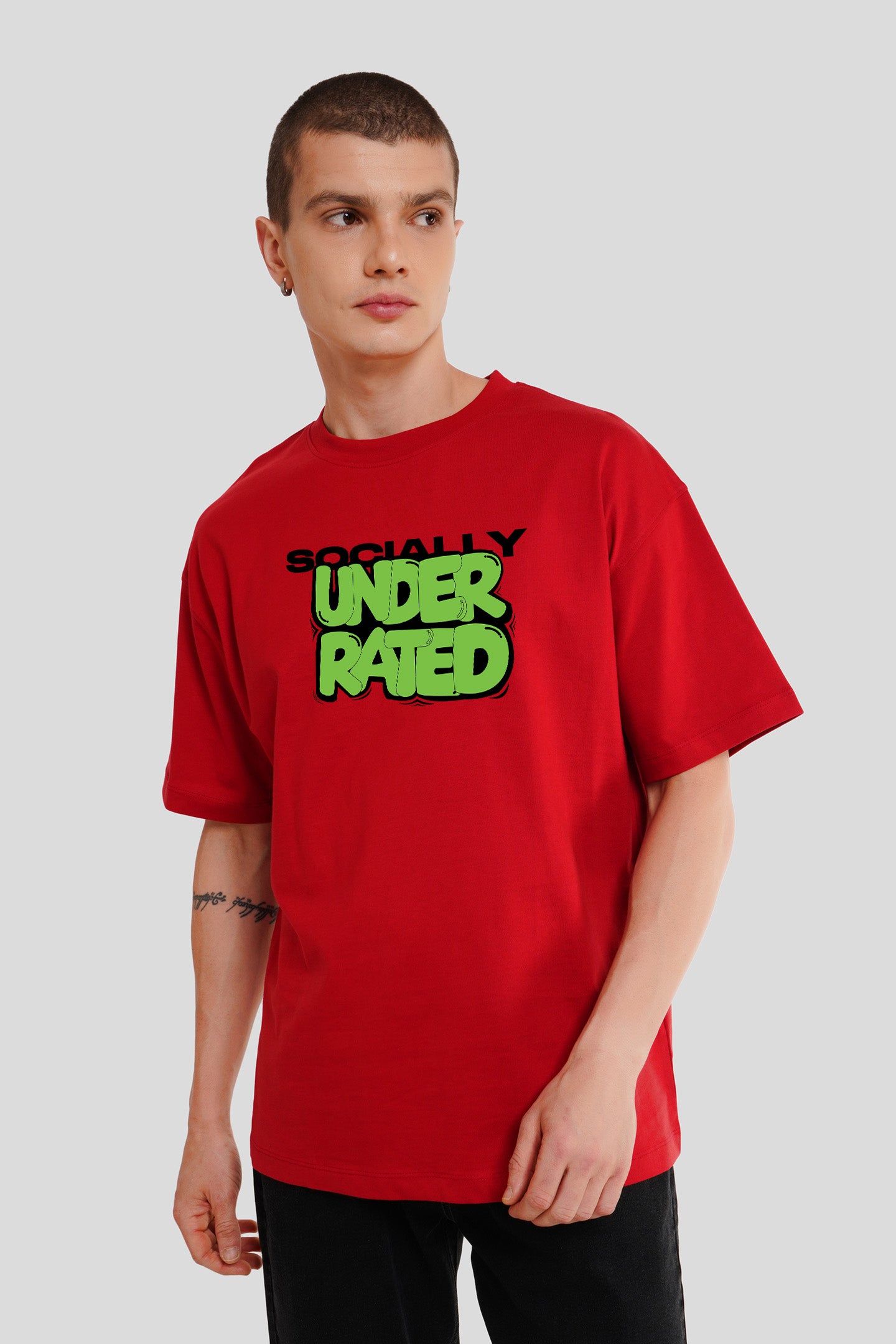 Socially Underarted Red Printed T Shirt Men Oversized Fit With Front Design Pic 1
