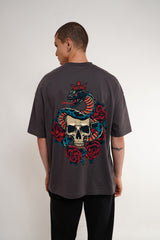 Skull Snake Dark Grey Printed T Shirt Men Baggy Fit With Front And Back Design Pic 2
