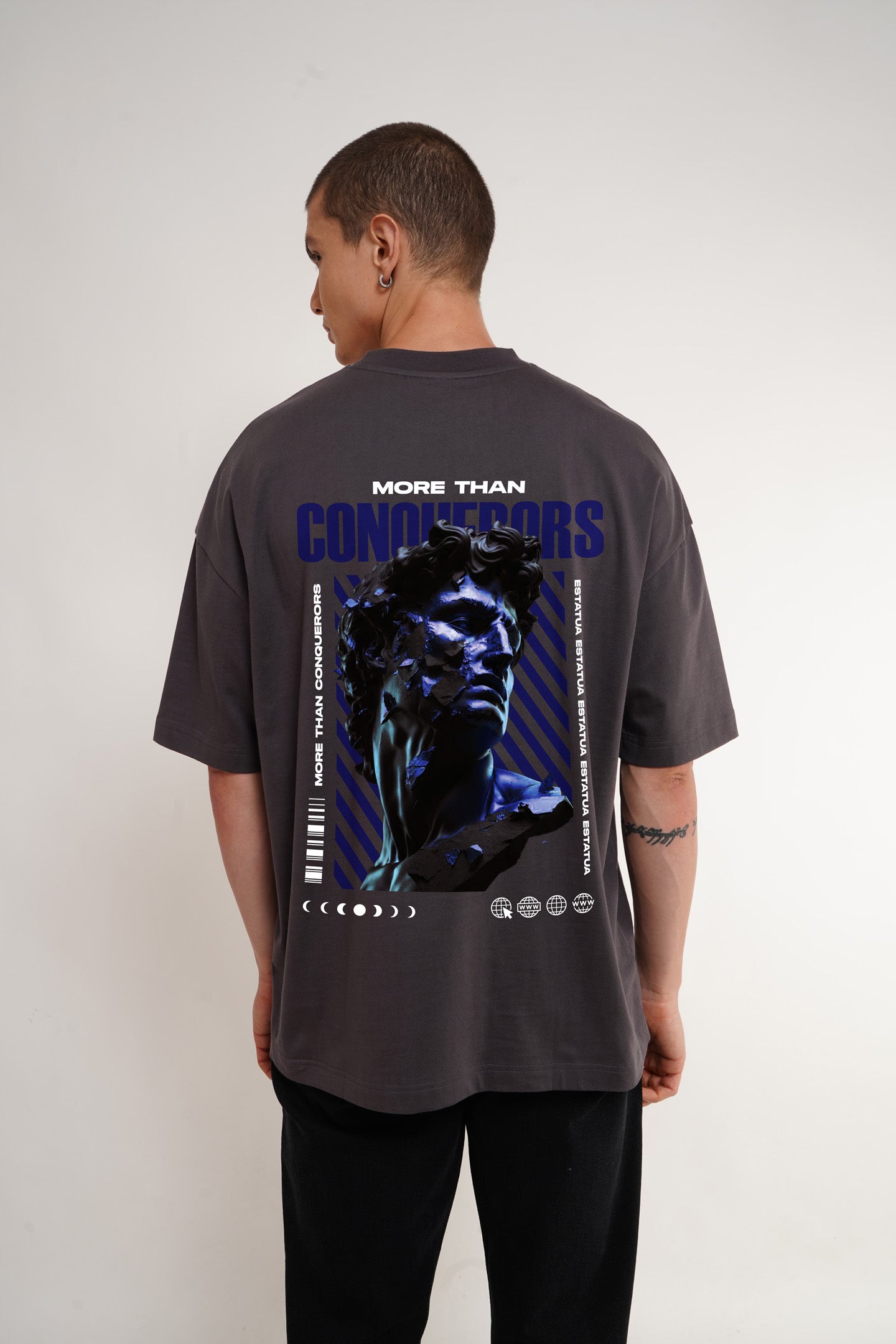More Than Conquerors Dark Grey Printed T Shirt Men Baggy Fit With Front And Back Design Pic 2