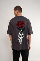 Rose Dark Grey Printed T Shirt Men Baggy Fit With Front And Back Design Pic 2