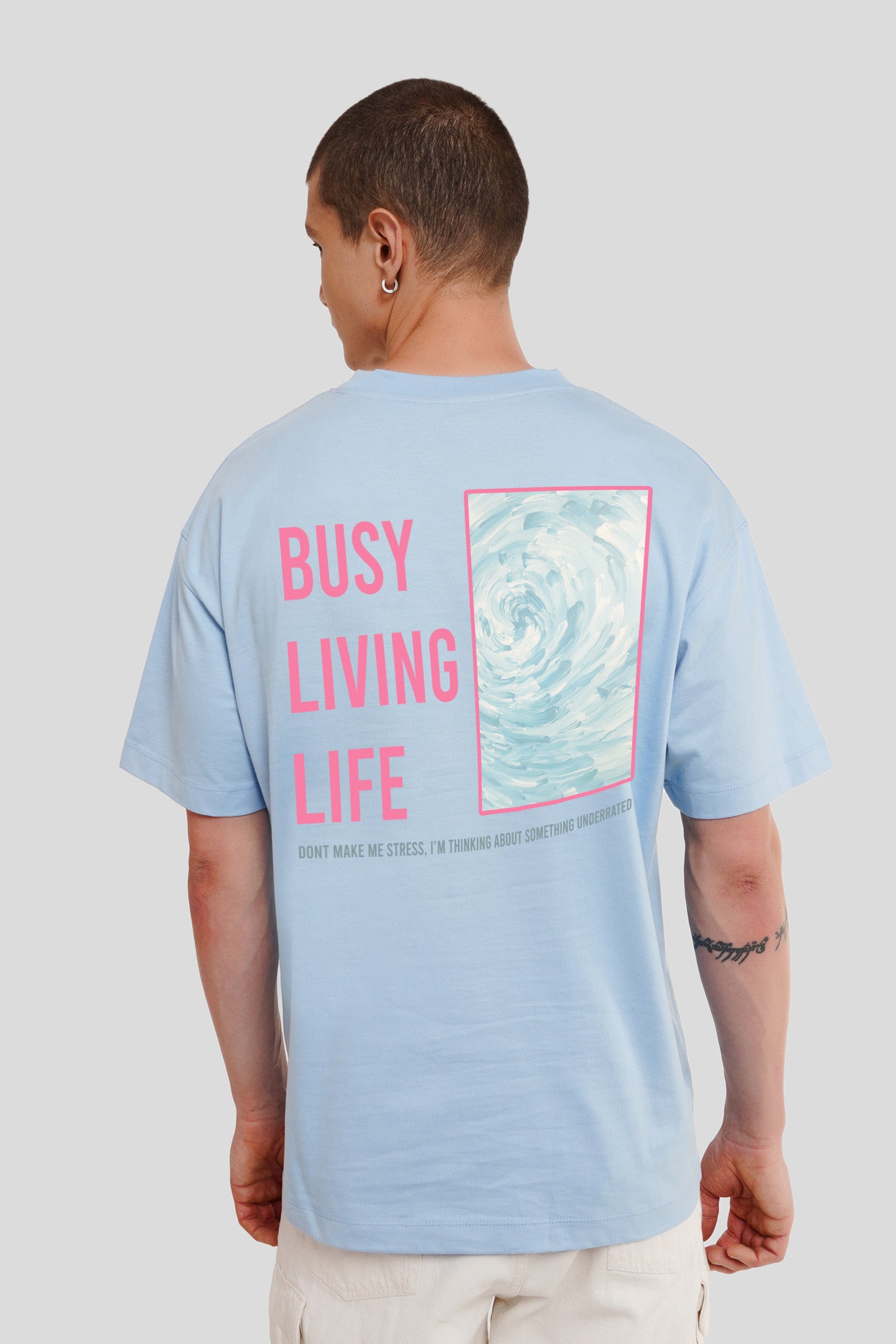 Busy Living Life Powder Blue Oversized Fit T-Shirt Men Pic 2