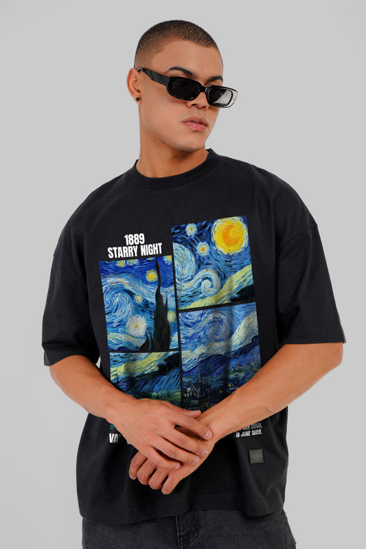 Starry Night Black Baggy Fit T-Shirt Men Pic 1