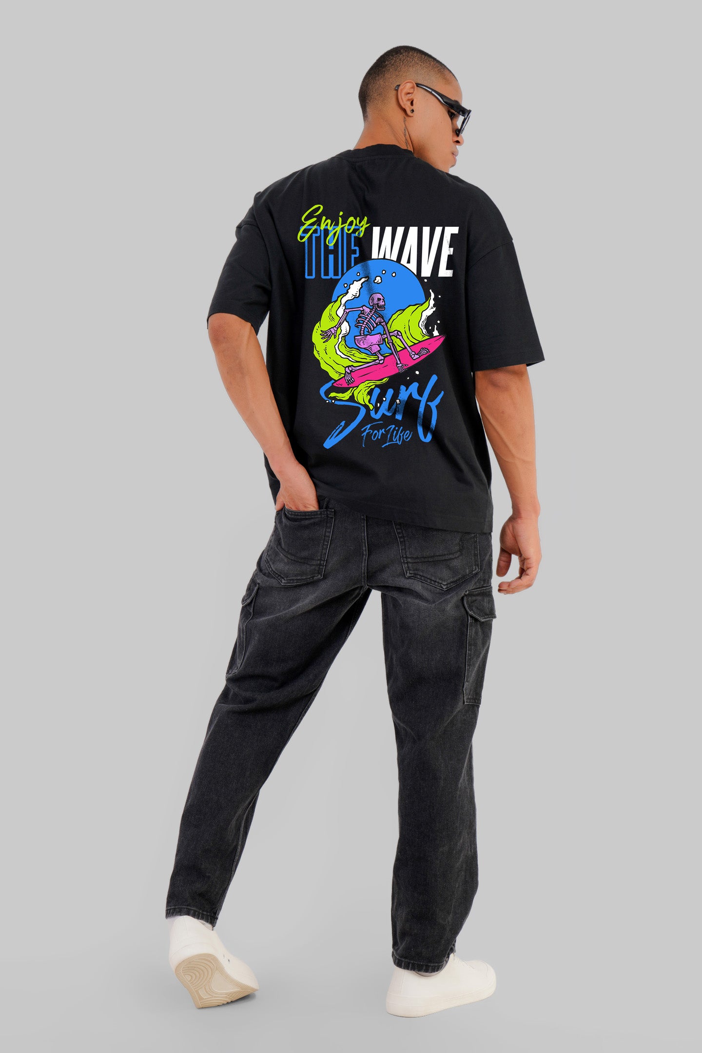 Wave Surfer Black Baggy Fit T-Shirt Men