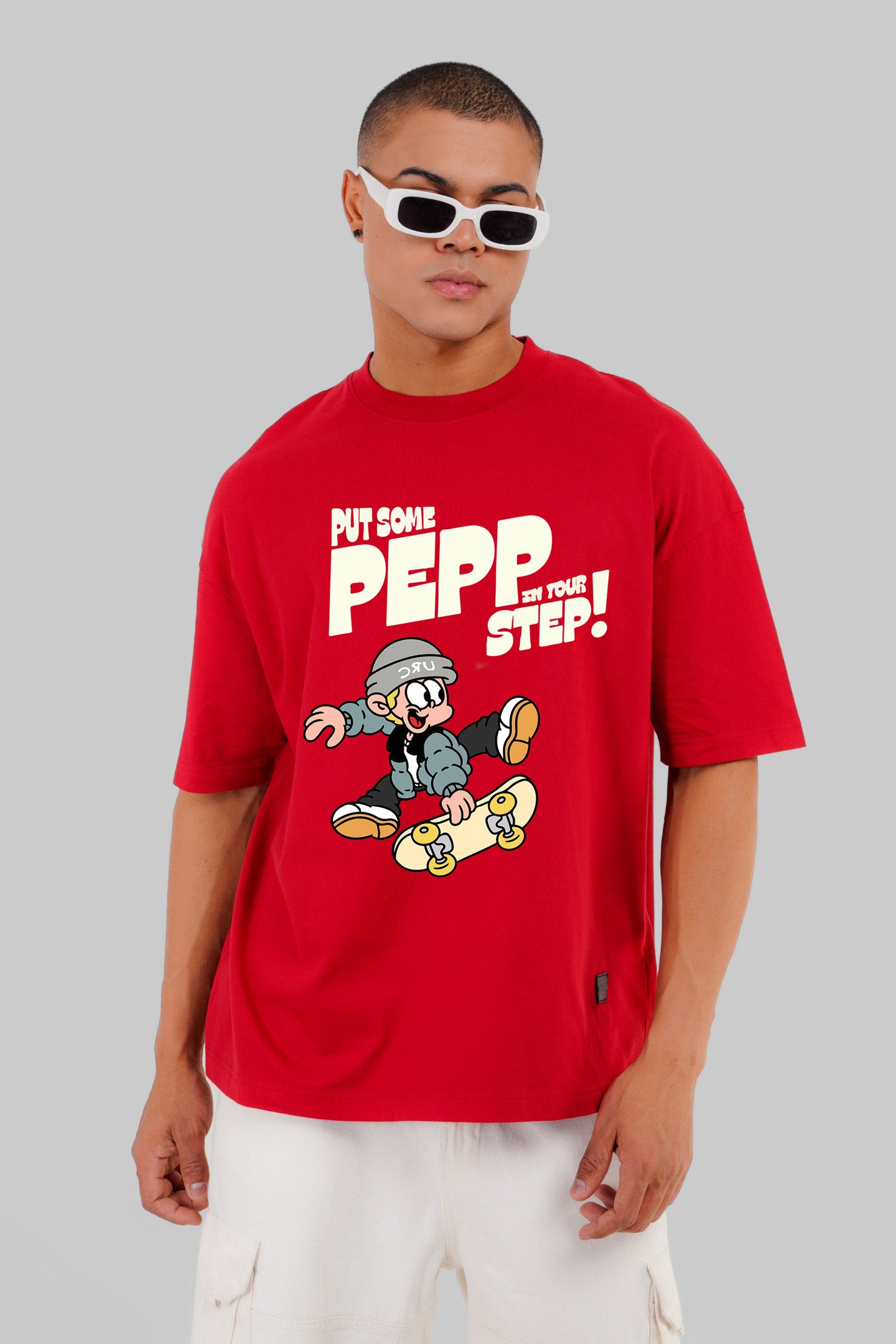 Skate Vibes : Feel the Pep Red Baggy Fit T-Shirt Men