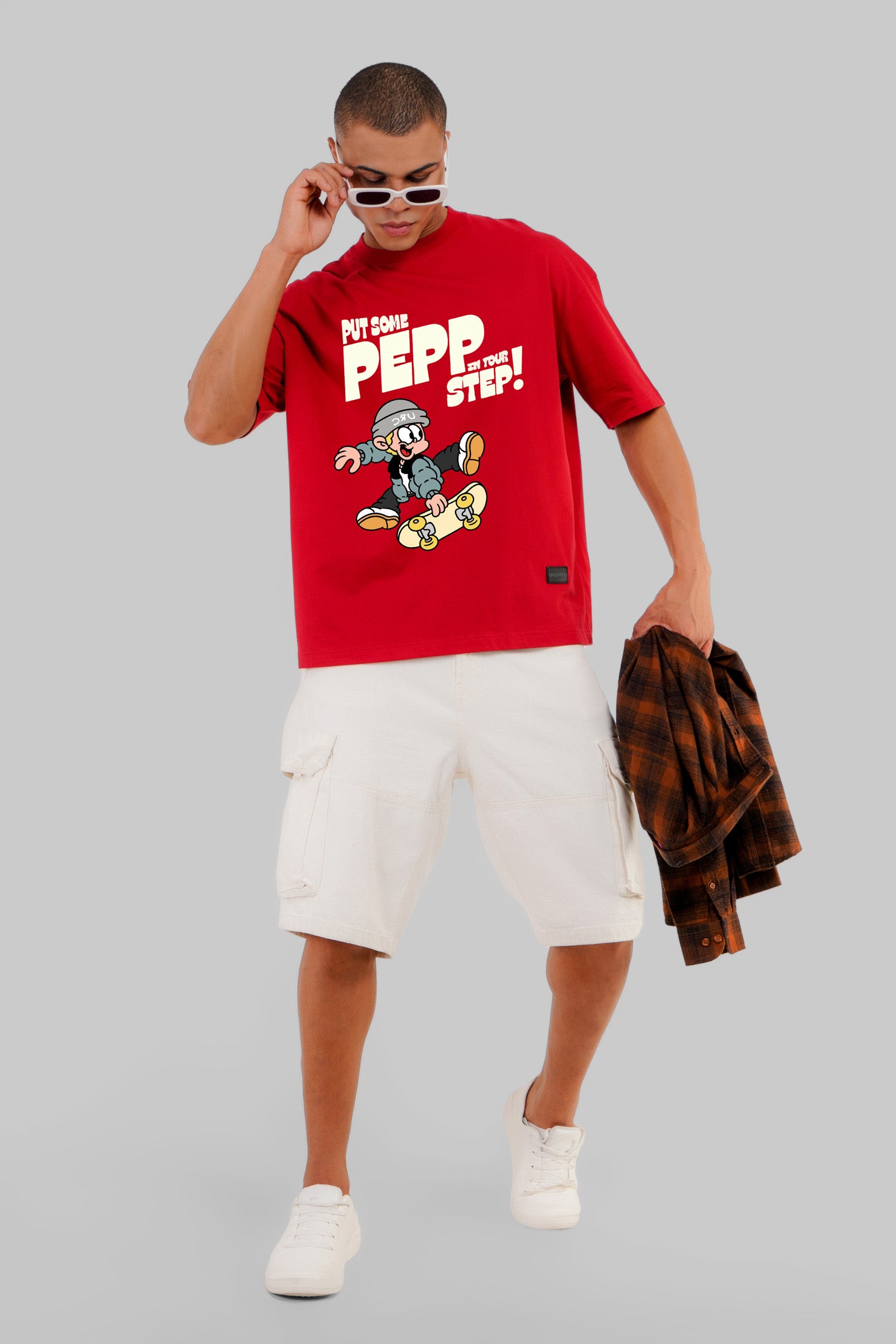 Skate Vibes : Feel the Pep Red Baggy Fit T-Shirt Men