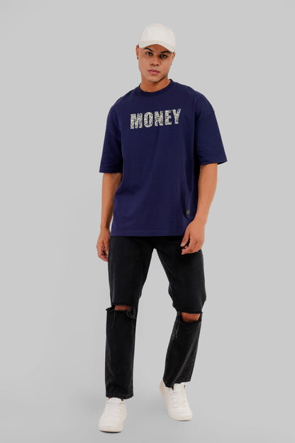 Money Print Navy Blue Baggy Fit T-Shirt Men