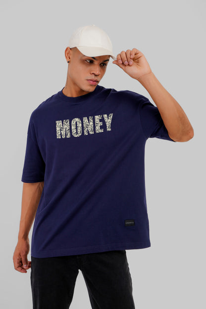 Money Print Navy Blue Baggy Fit T-Shirt Men