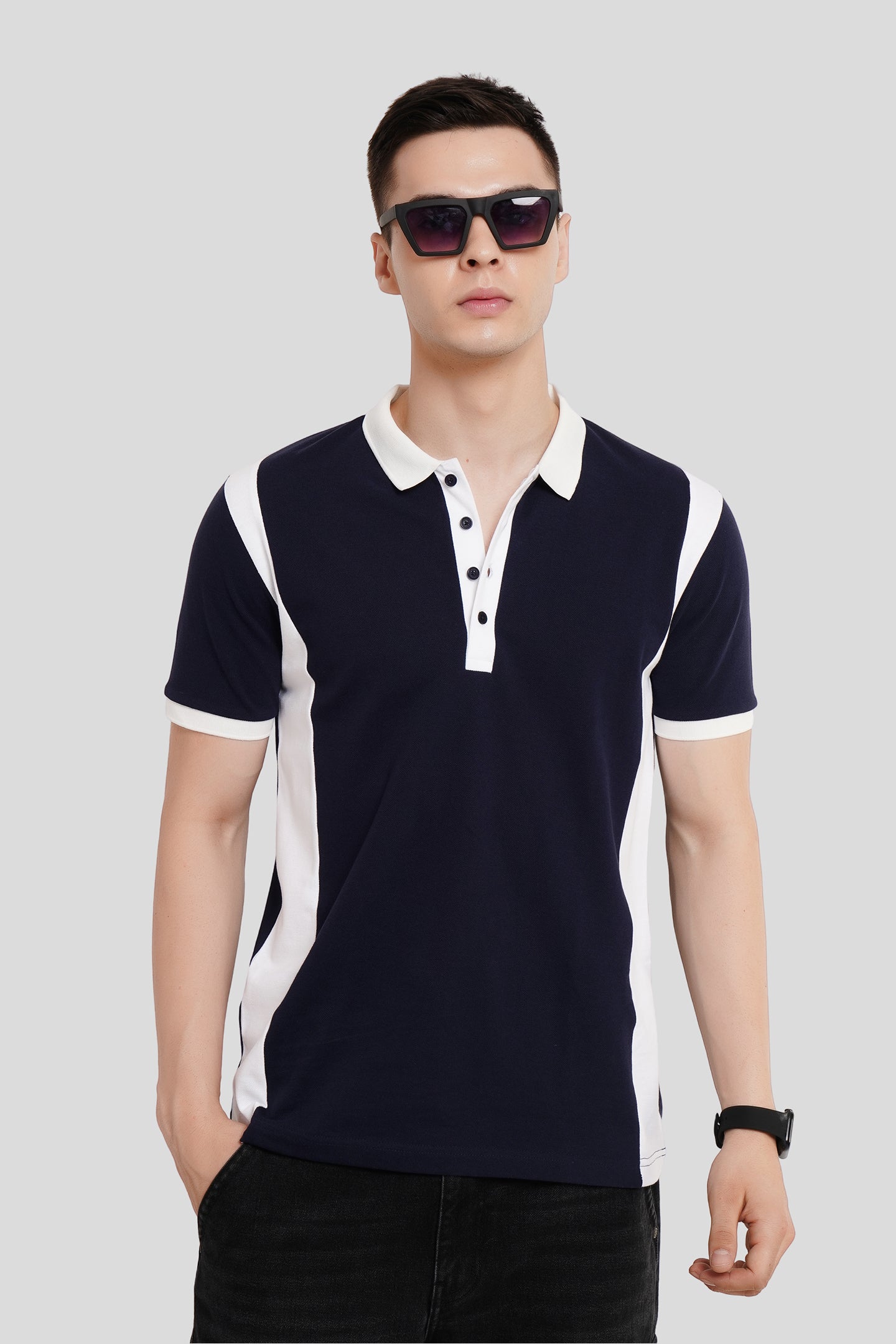 Navy Blue Colourblocked Polo T-Shirt