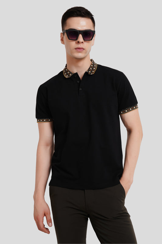 Multicolored Jacquard Collar Black Polo T-Shirt Pic 1