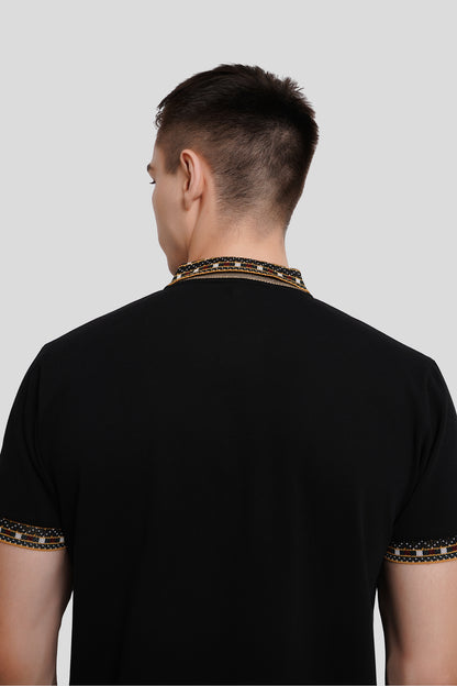 Black Patchwork Collar Polo T-Shirt