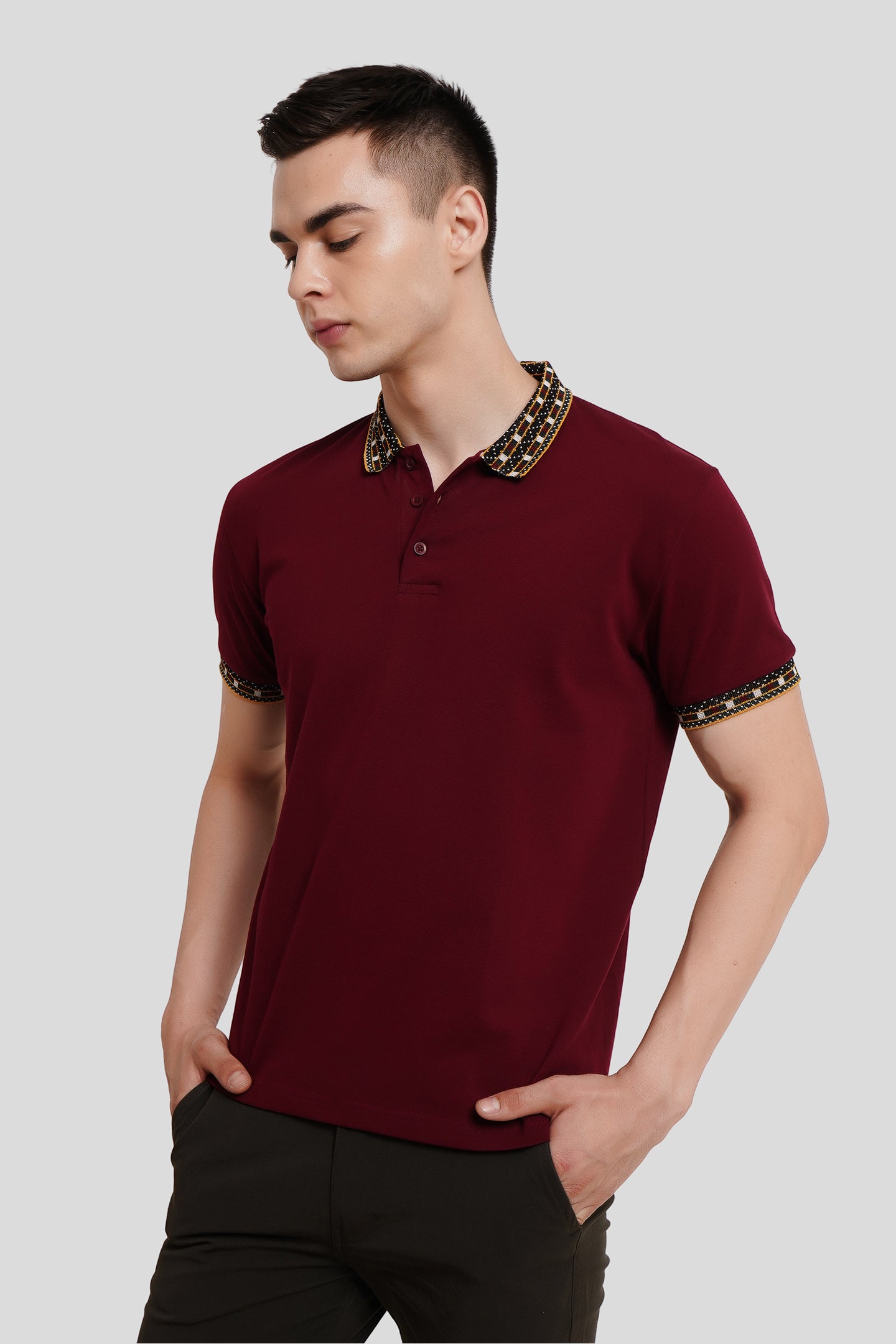 Maroon Patchwork Collar Polo T-Shirt