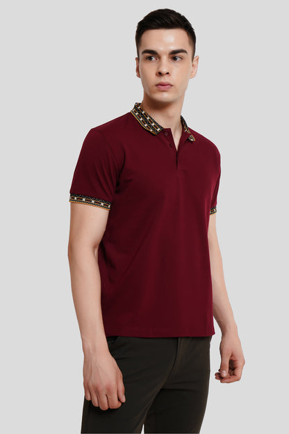 Maroon Patchwork Collar Polo T-Shirt