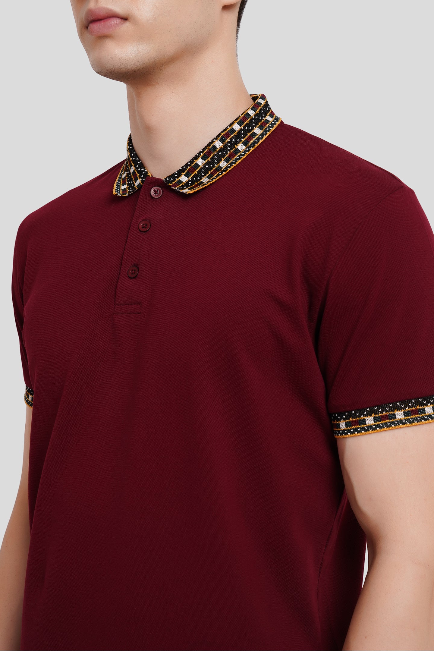 Maroon Patchwork Collar Polo T-Shirt