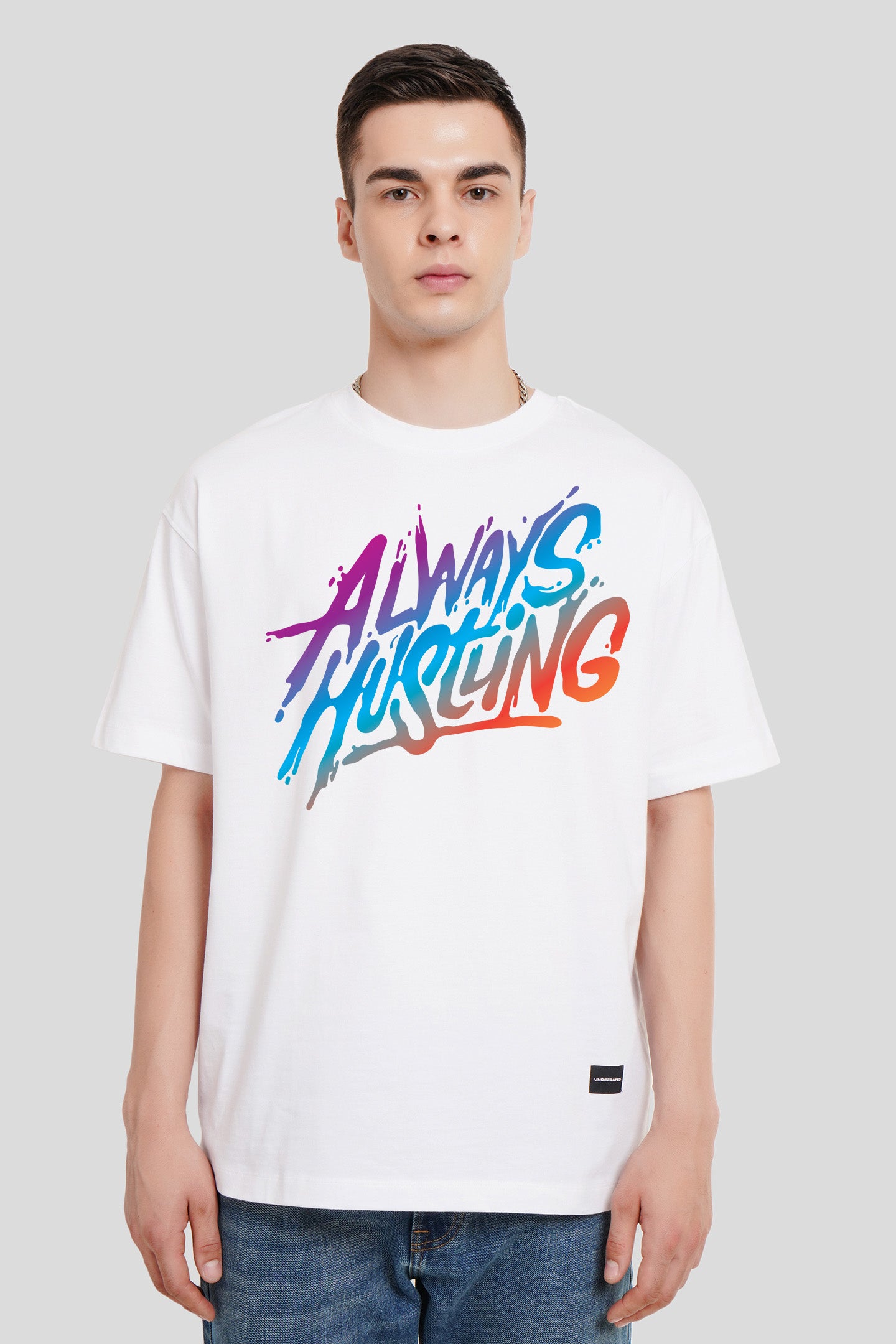 Always Hustling White Printed T Shirt Men Oversized Fit With Front Design Pic 1