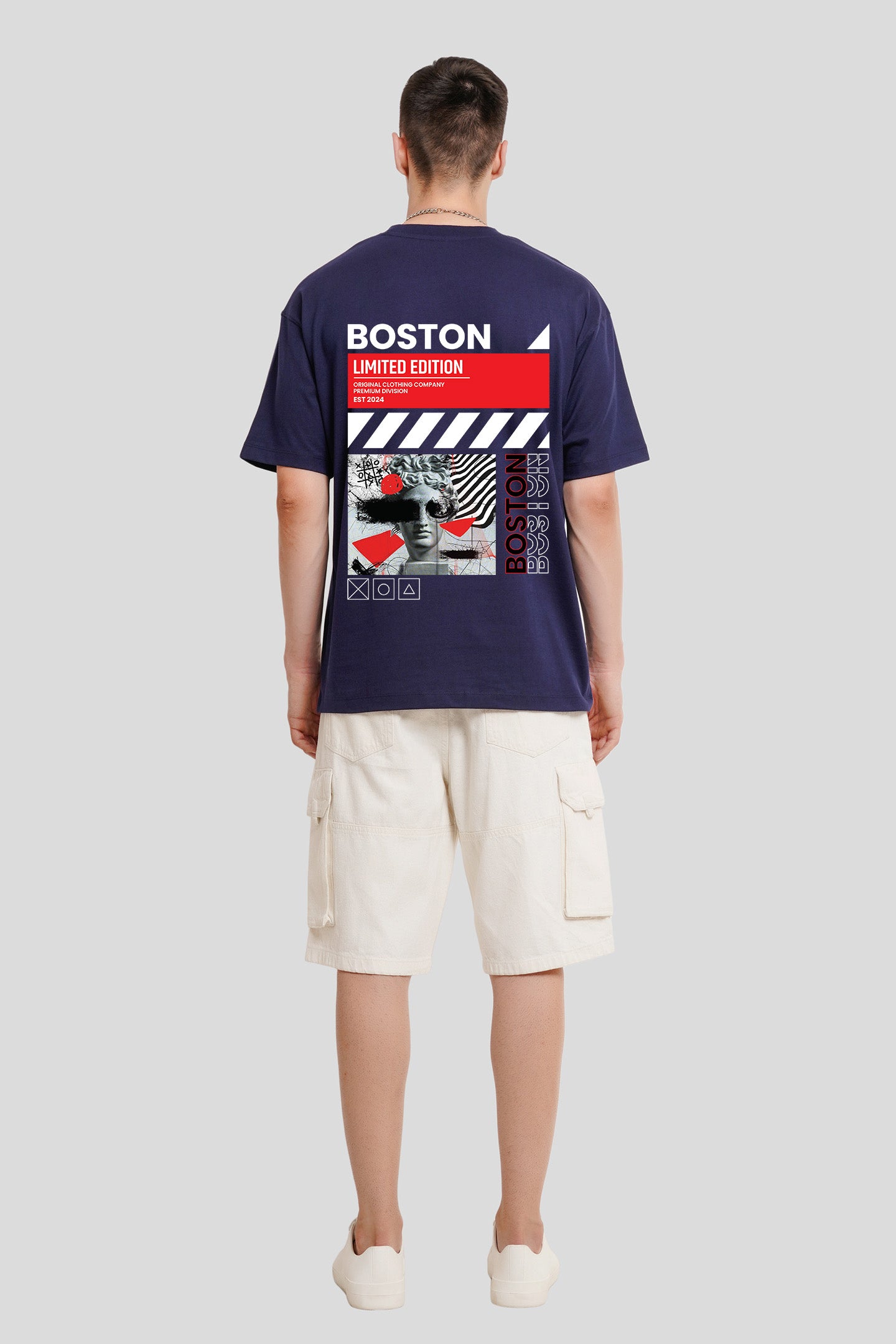 Boston Navy Blue Printed T Shirt Men Oversized Fit With Front And Back Design Pic 5