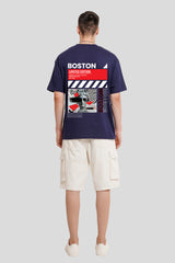 Boston Navy Blue Printed T Shirt Men Oversized Fit With Front And Back Design Pic 5