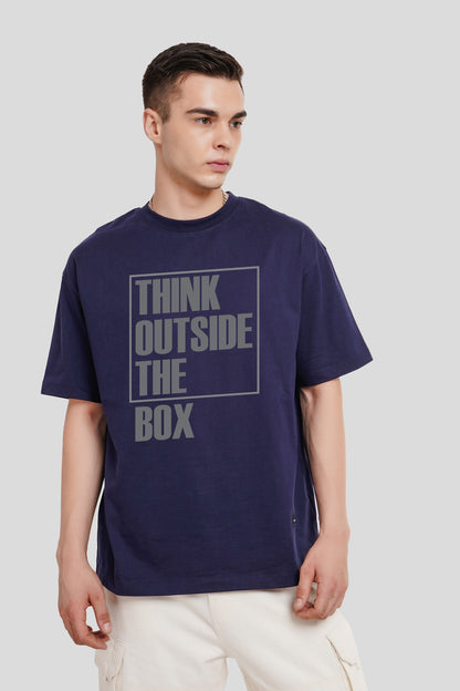 Think Outside The Box Navy Blue Printed T Shirt Men Oversized Fit With Front Design Pic 1