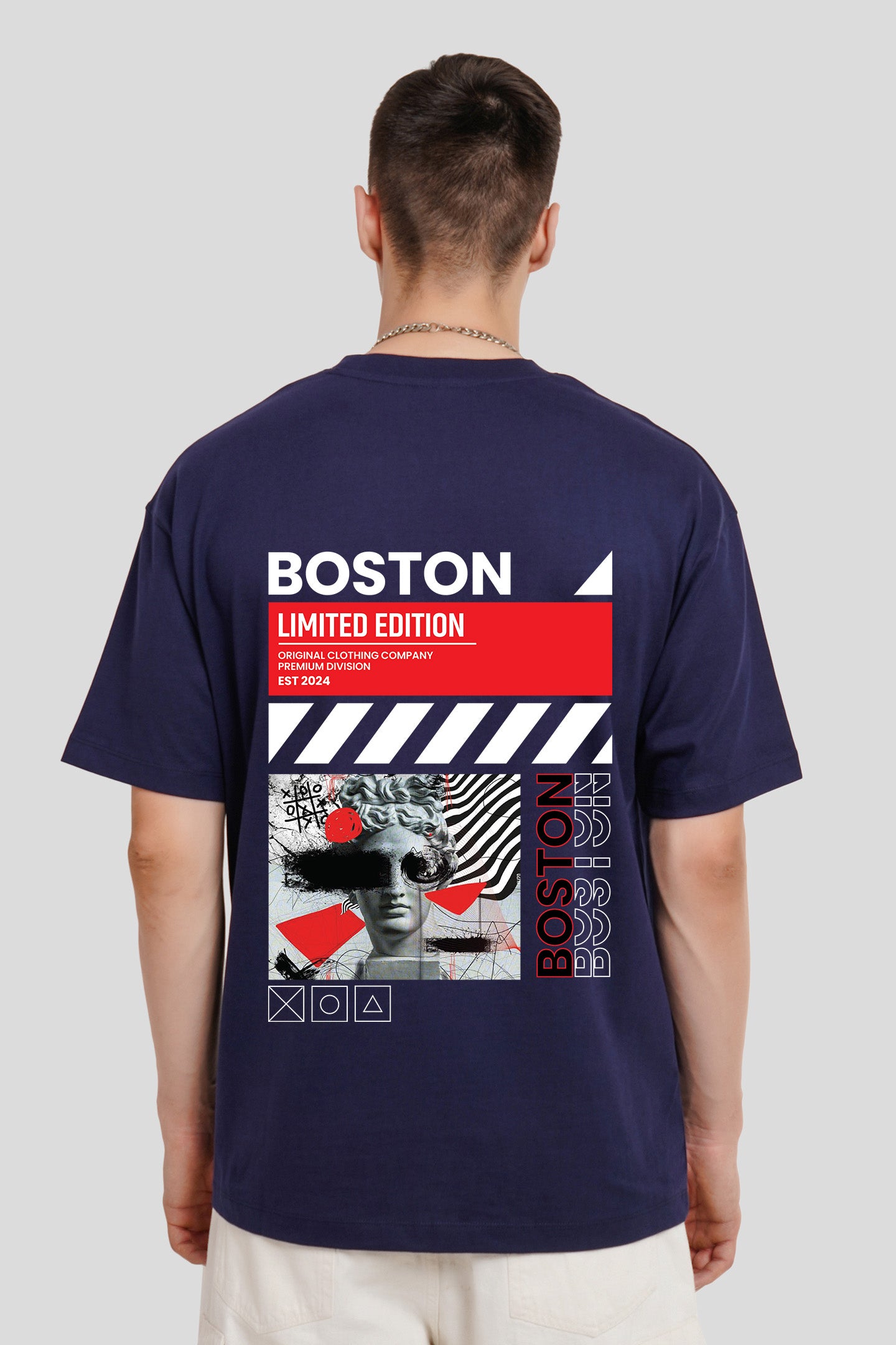 Boston Navy Blue Printed T Shirt Men Oversized Fit With Front And Back Design Pic 2