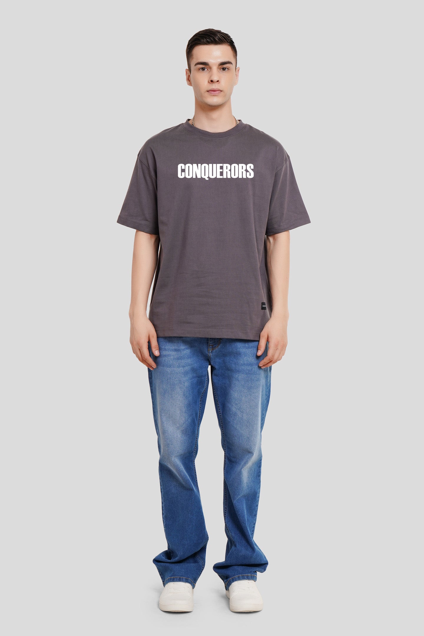 More Than Conquerors Dark Grey Printed T Shirt Men Oversized Fit With Front And Back Design Pic 4