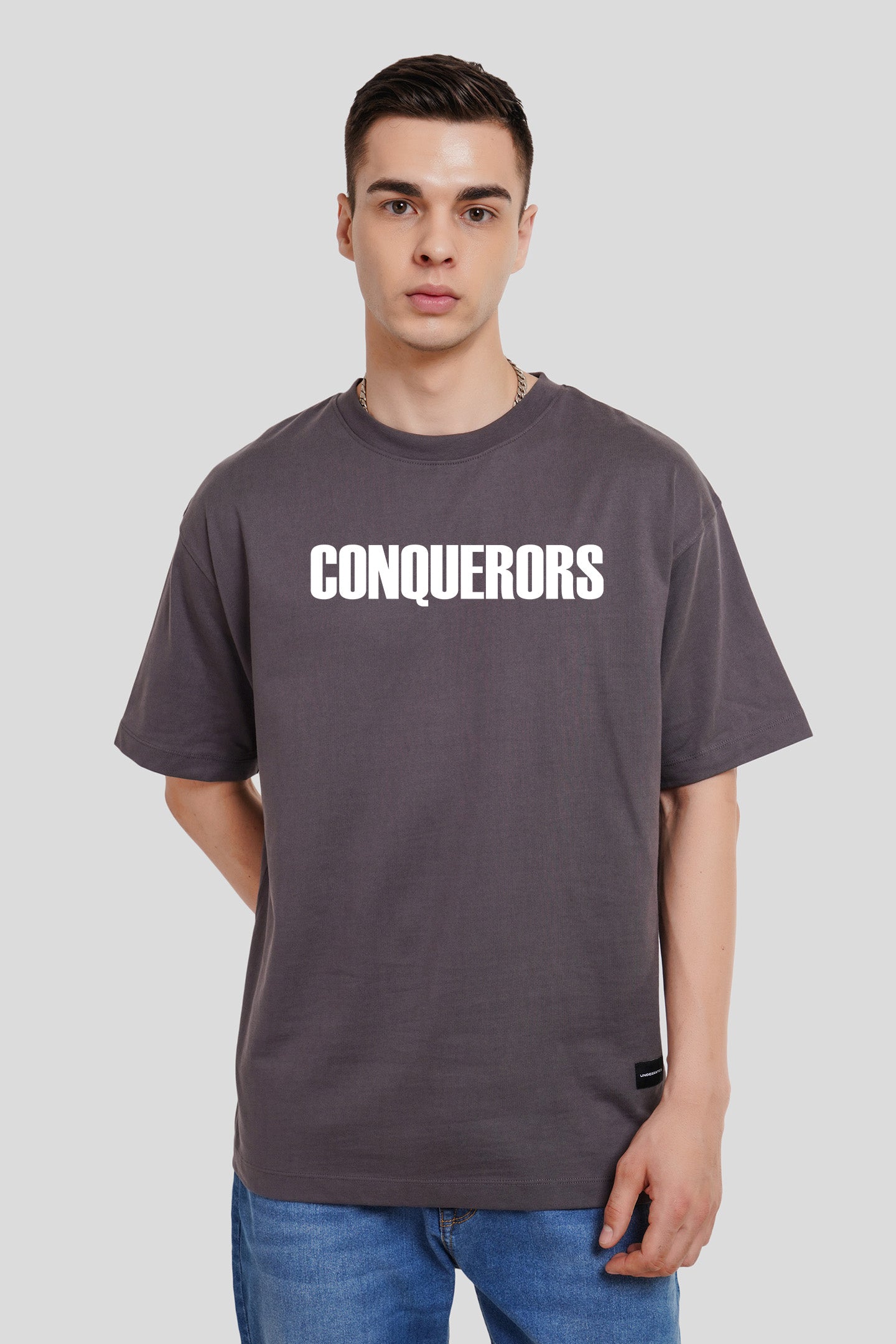 More Than Conquerors Dark Grey Printed T Shirt Men Oversized Fit With Front And Back Design Pic 1