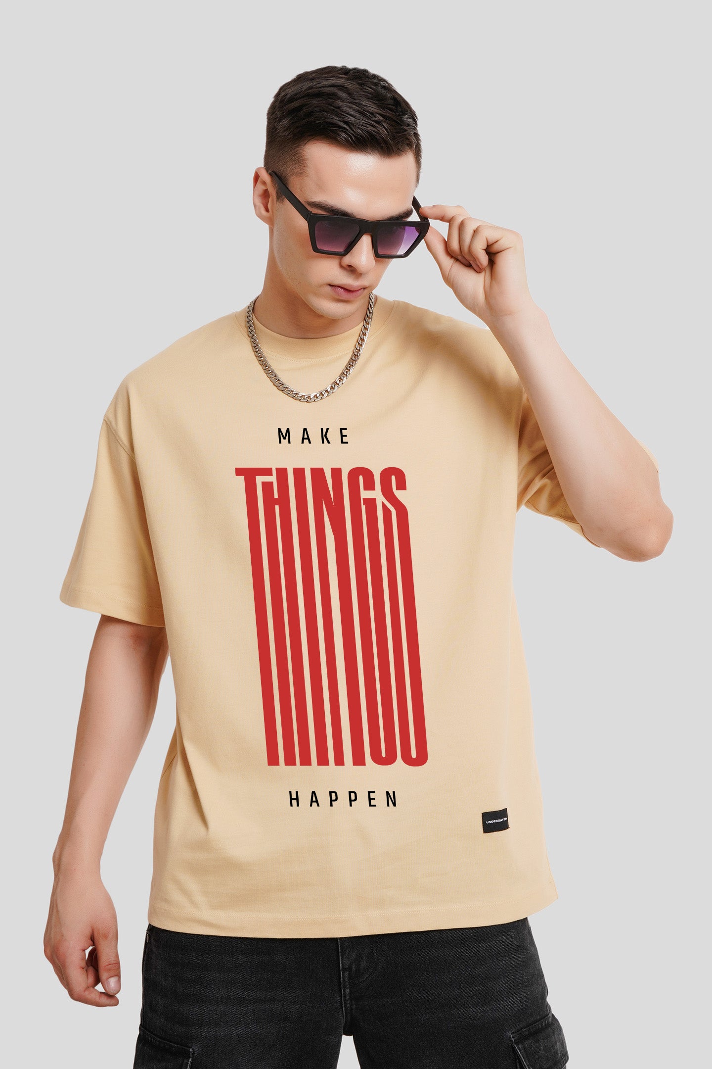 Make Things Happen Beige Printed T-Shirt Men Oversized Fit