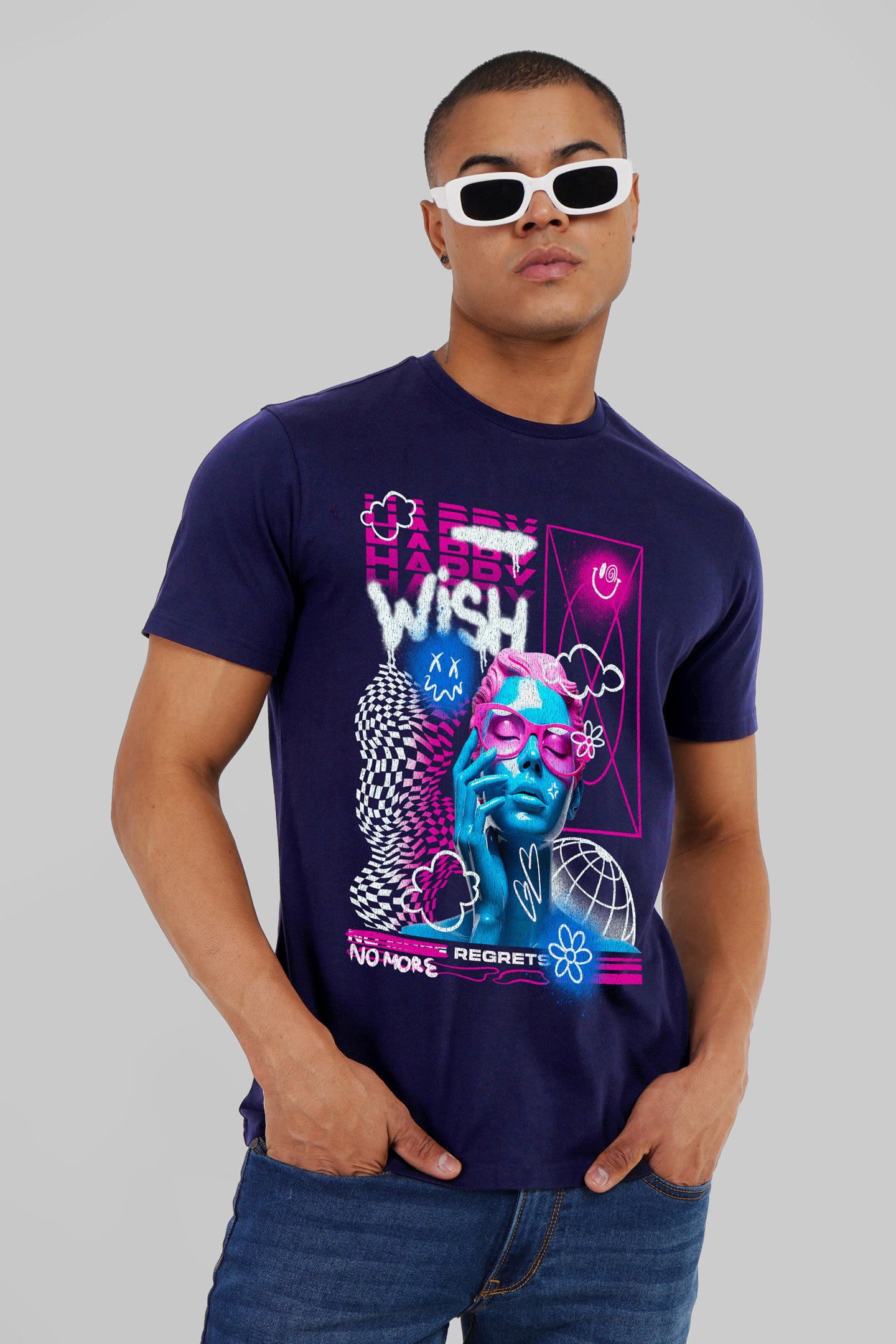 Happy Wishes Navy Blue Regular Fit T-Shirt Men