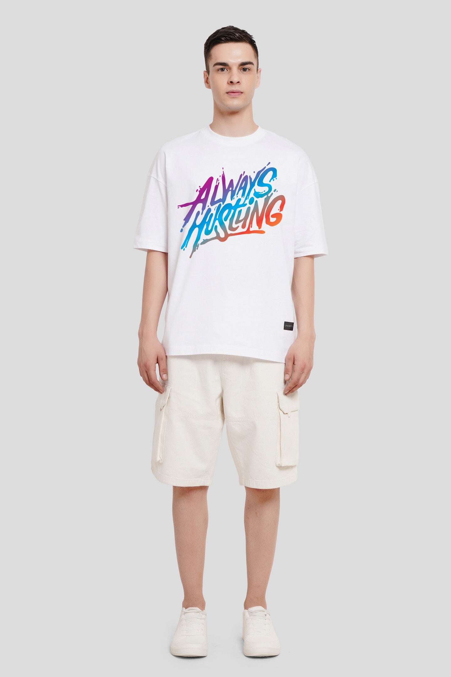 Always Hustling White Printed T Shirt Men Baggy Fit With Front Design Pic 4