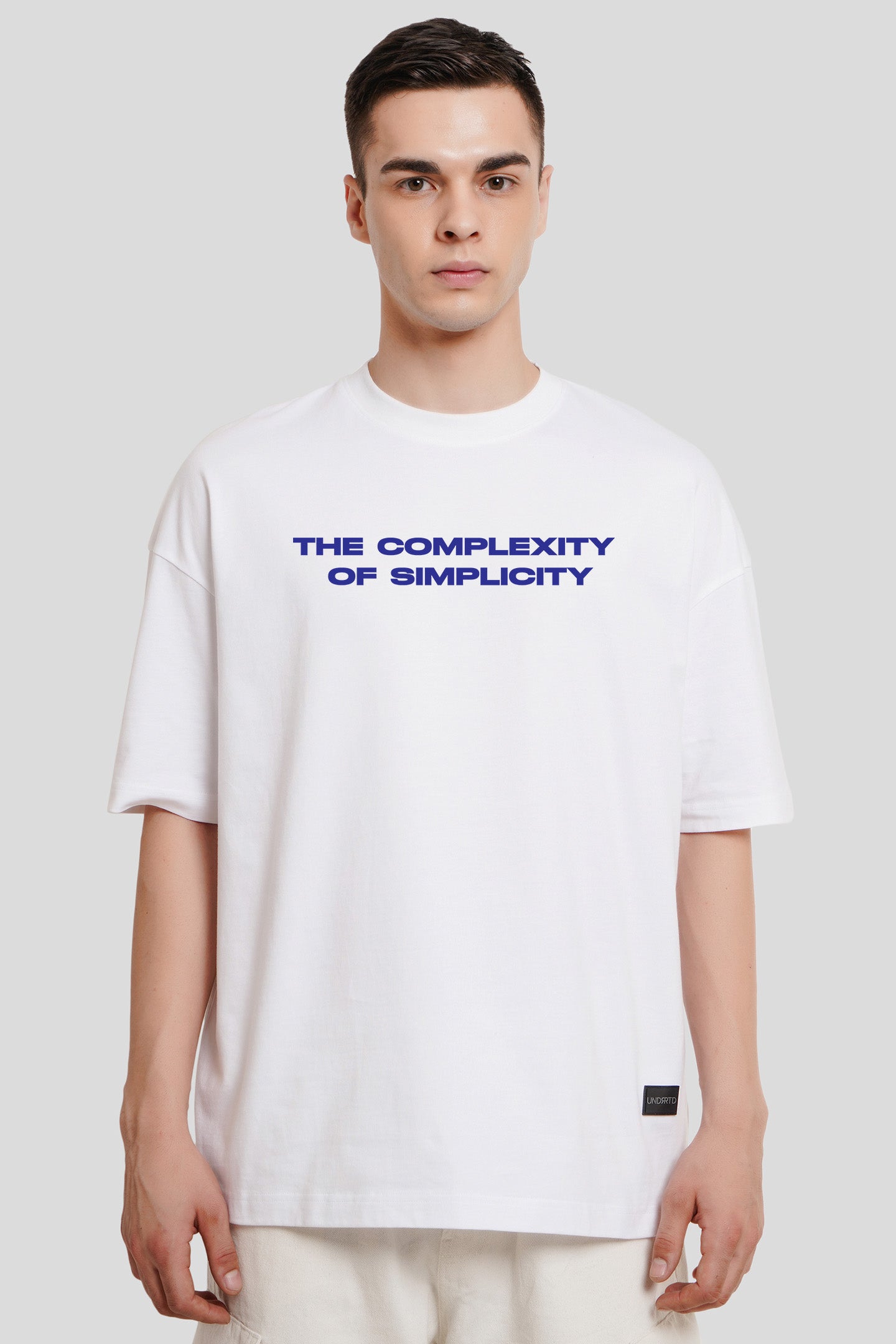 The Complexity Of Simplicity White Printed T Shirt Men Baggy Fit With Front And Back Design Pic 1