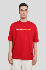 Hidden Enemies Red Printed T Shirt Men Baggy Fit With Front And Back Design Pic 1
