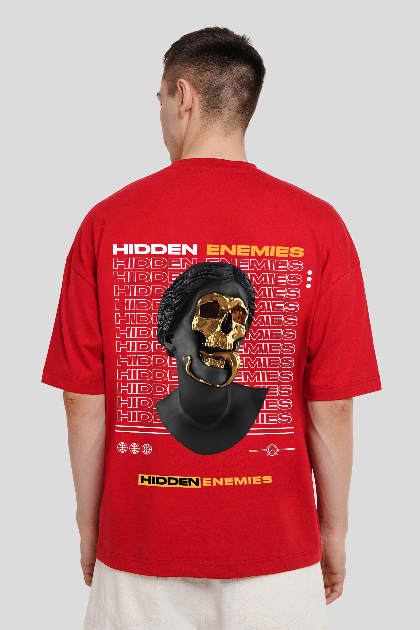 Hidden Enemies Red Printed T Shirt Men Baggy Fit With Front And Back Design Pic 2