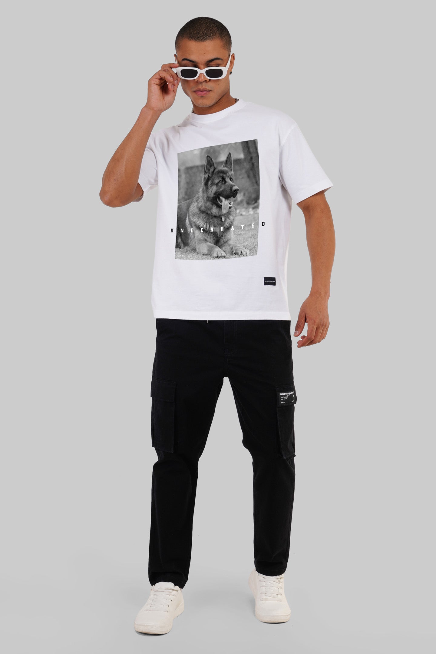 German Shepherd Print White Oversized Fit T-Shirt Men Pic 4