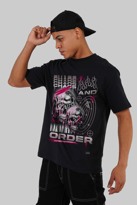 Chaotic Skulls Black Oversized Fit T-Shirt Men Pic 1