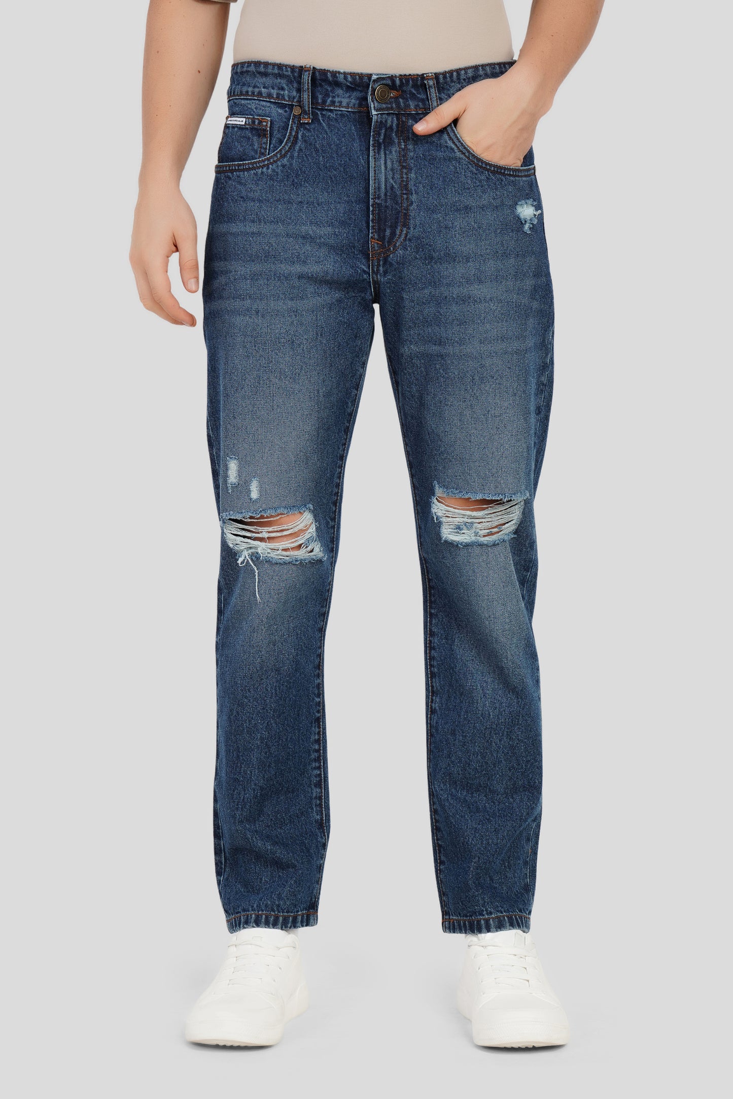 Blue Mid Rise Distressed Men's Relaxed Jeans