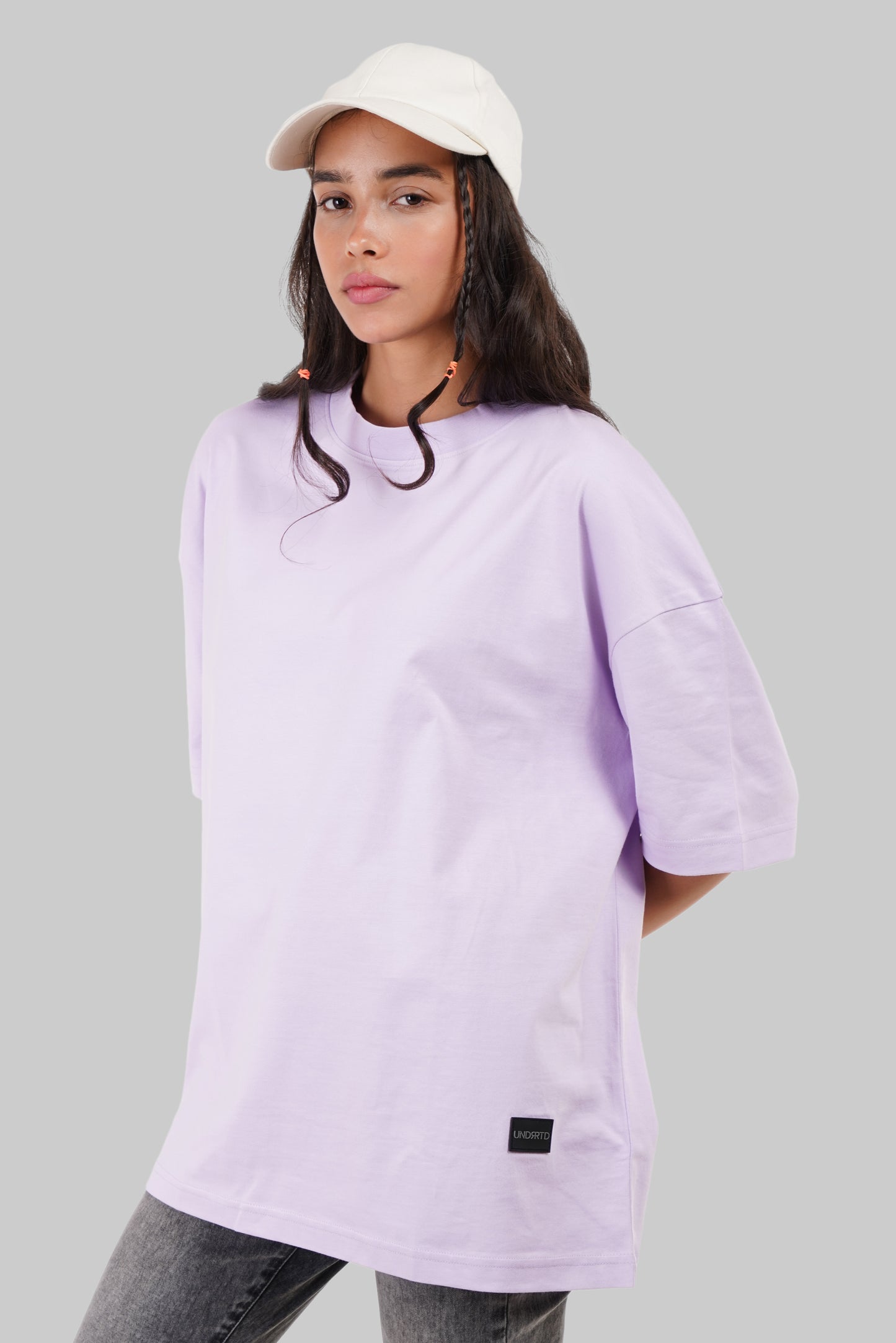 Solid Lilac Half Sleeves T-Shirt For Women Baggy Fit