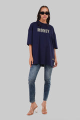 Money Print Navy Blue Baggy Fit T-Shirt Women