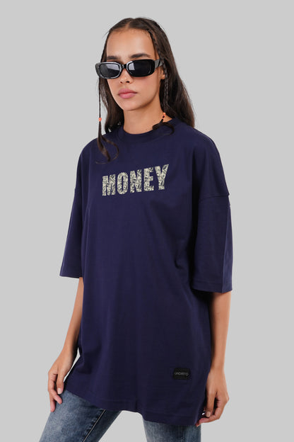 Money Print Navy Blue Baggy Fit T-Shirt Women