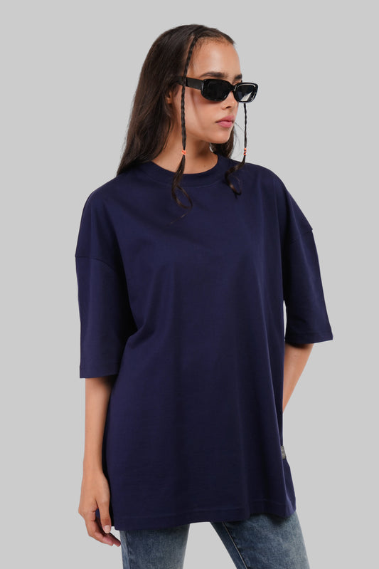 Solid Navy Blue Half Sleeves T-Shirt For Women Baggy Fit