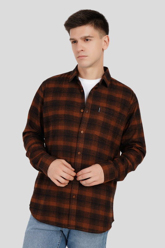 Brown Abstract Checkered Plaids Shirt Pic 1