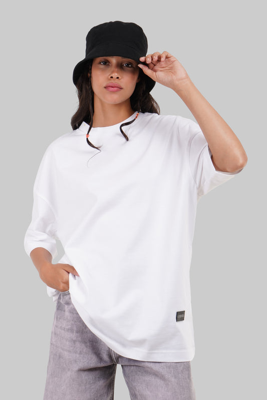 Solid White Half Sleeves T-Shirt For Women Baggy Fit