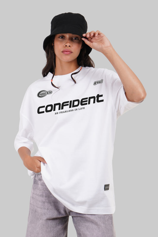 Confident Typographic White Baggy Fit T-Shirt Women Pic 1