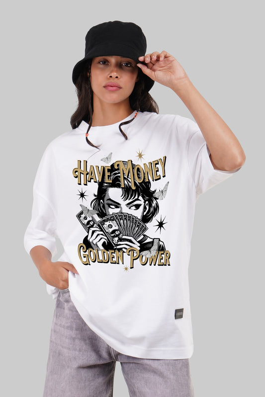 Money Golden Power White Baggy Fit T-Shirt Women Pic 1